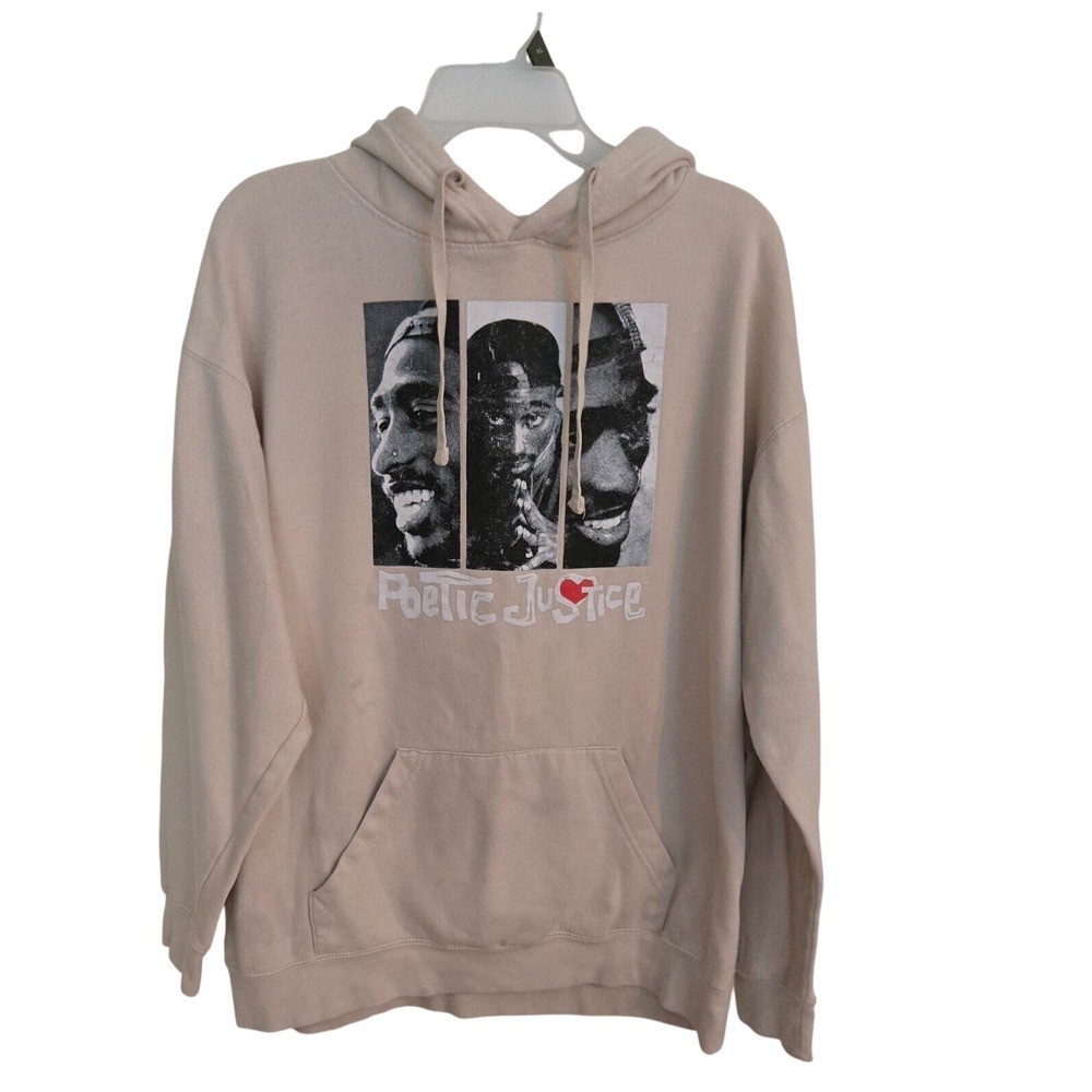 90s Poetic Justice Hoodie‎ Pullover Sweatshirt Graphic Print Beige L/G